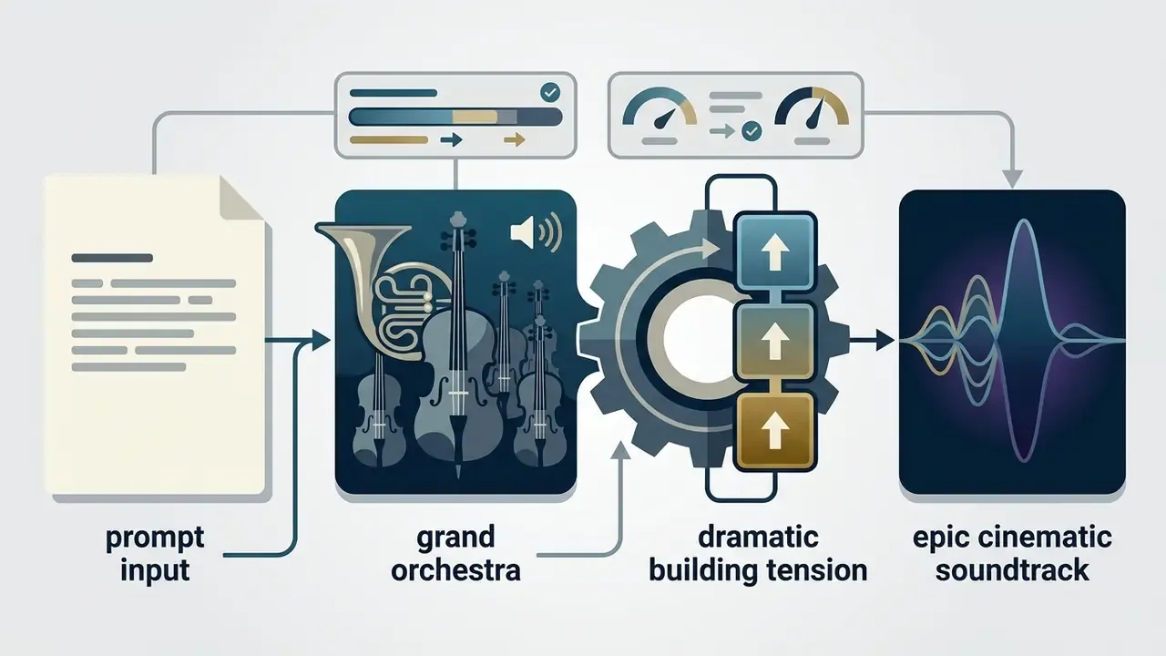 Document input flowing through orchestral icons and tension gears to generate a cinematic sound wave