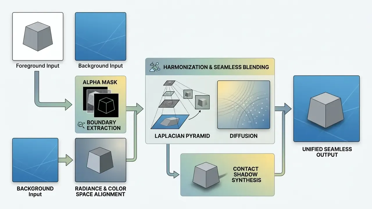 Diagram showing the technical process of blending a foreground object into a background using pyramids and shadows