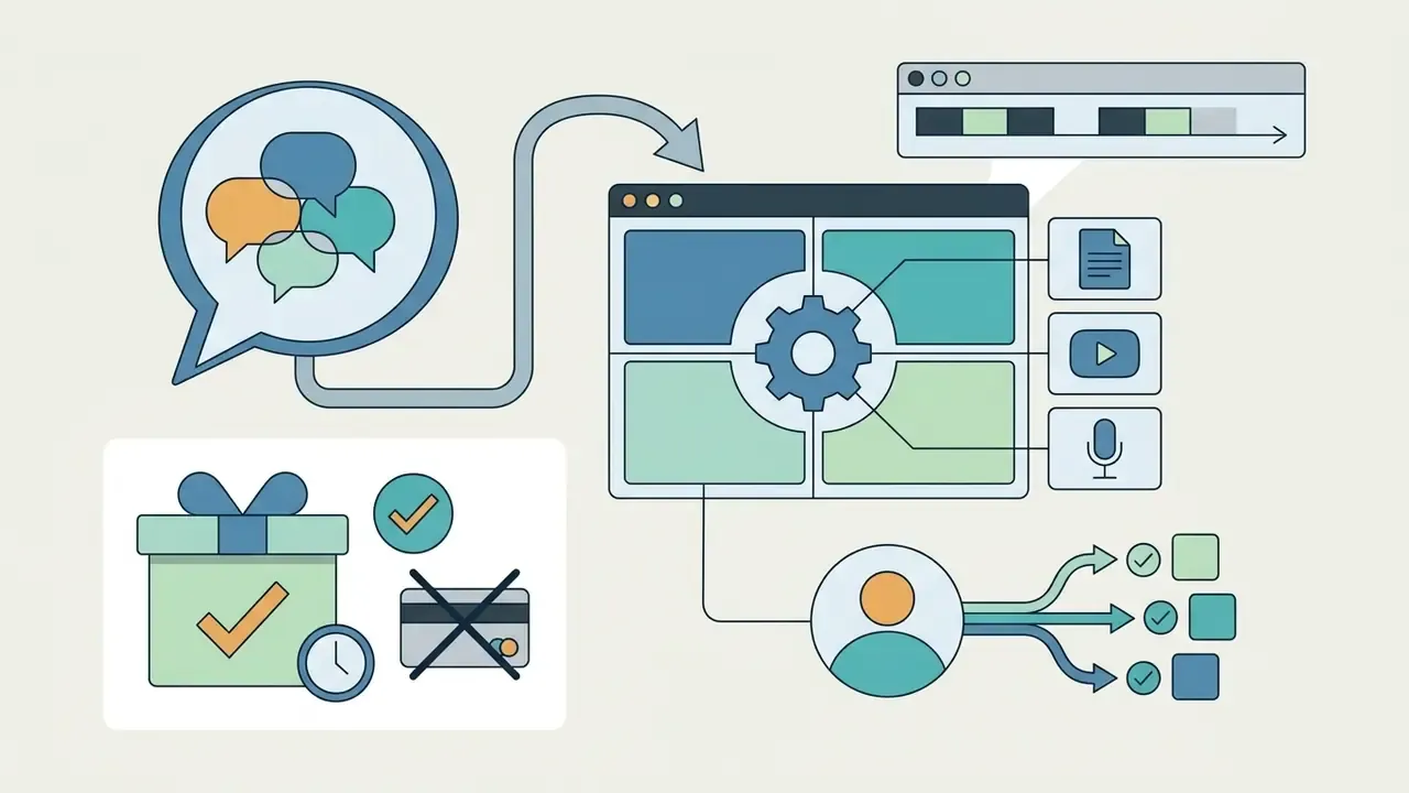 Speech bubble with chat icons connecting to a gear-driven dashboard that outputs media formats and tasks