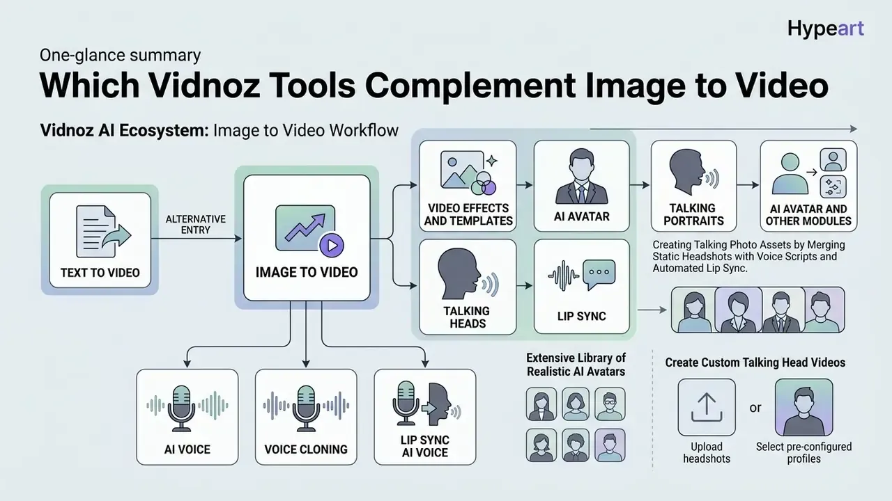 Flowchart showing how Vidnoz tools like AI avatars and lip sync integrate into the image to video workflow