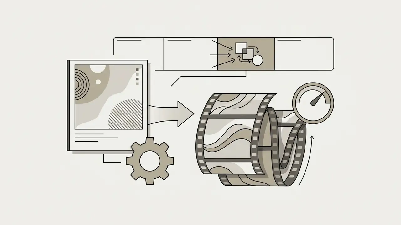 Still frame transforming into a film strip with a speed gauge indicating motion generation