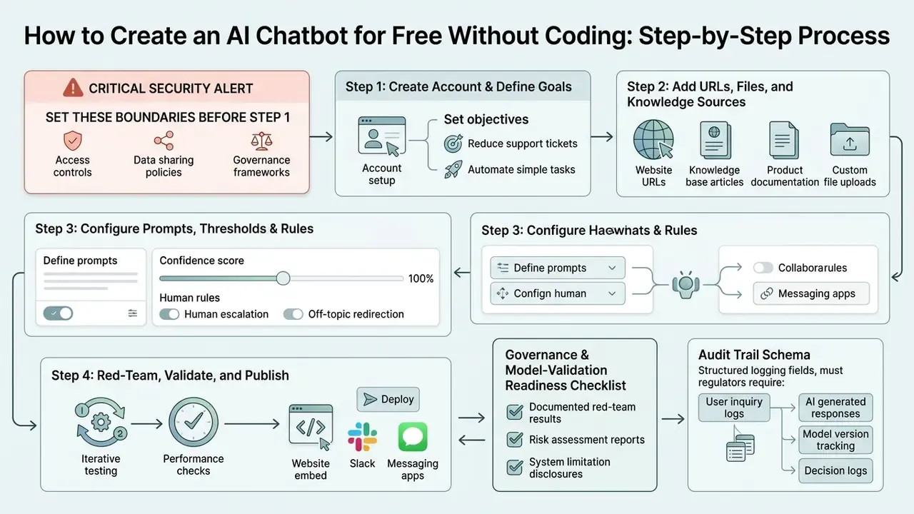 Sequential steps for building a conversational agent including security protocols and validation checks