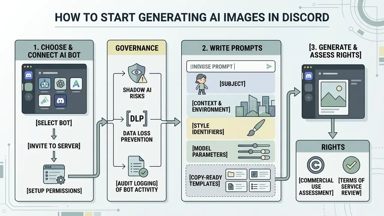 Diagram detailing bot connection, governance risks, prompt structure, and rights assessment for creative tools