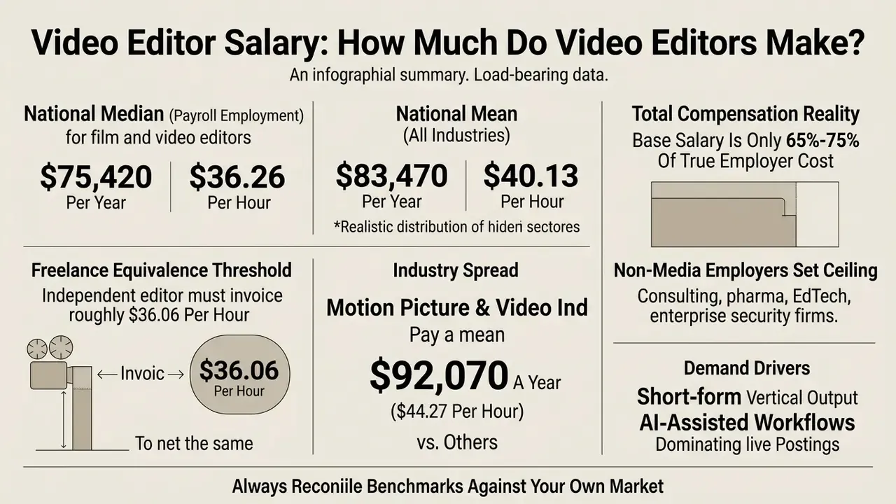 Infographic displaying national median and mean pay statistics for film and video editors