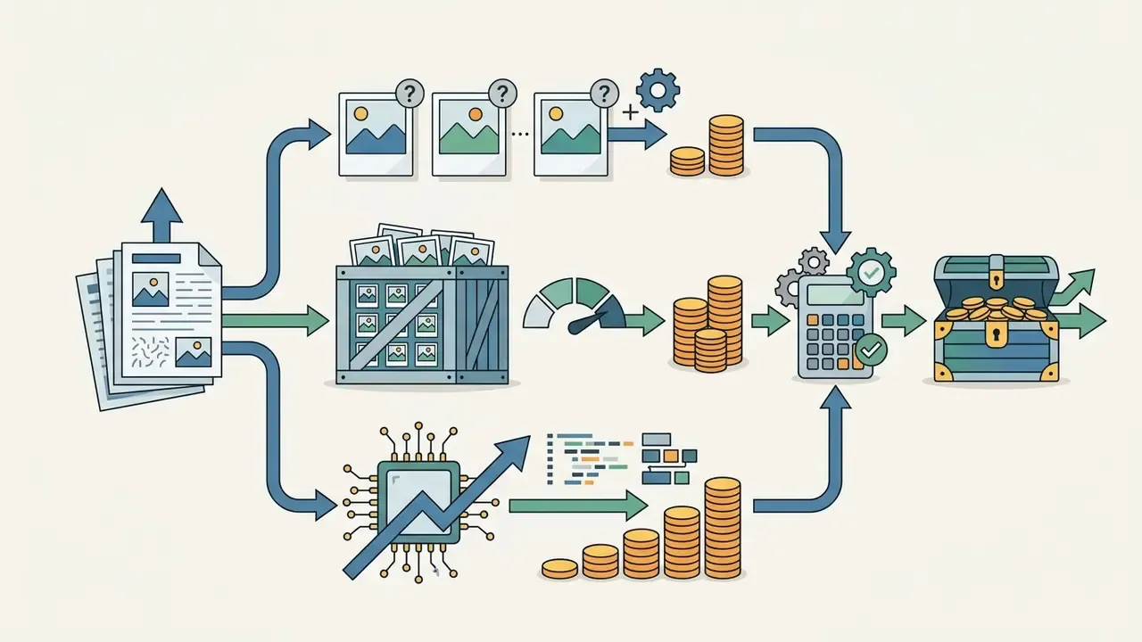 Flowchart showing documents processed through different billing models into a final treasure chest