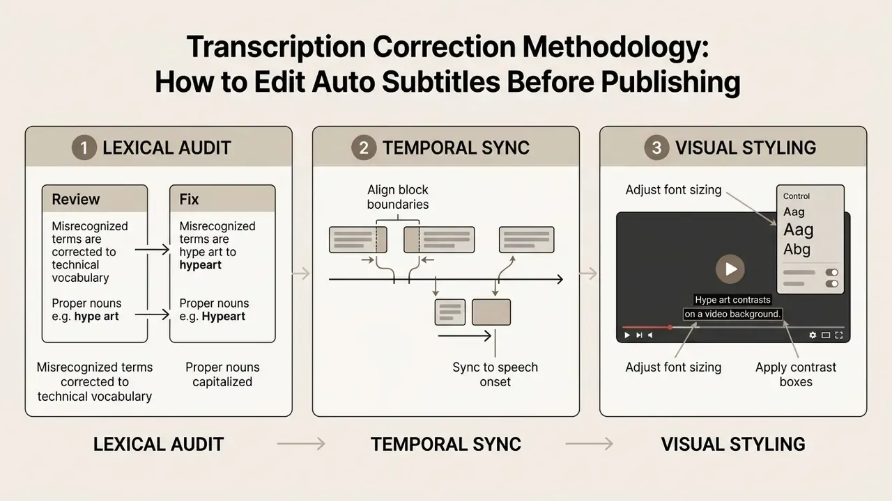 Three-step workflow for correcting subtitles including lexical audit, temporal synchronization, and visual styling
