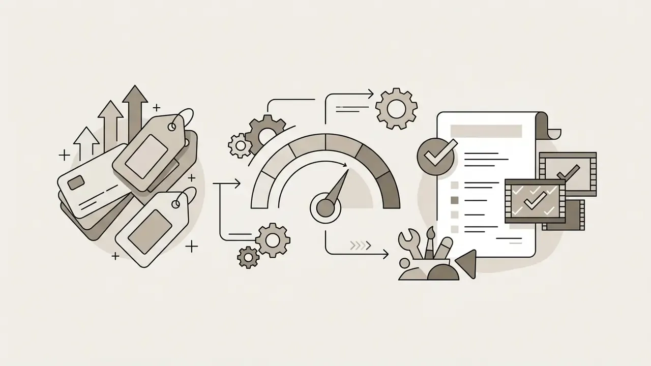 Line art showing price tags, a gauge with gears, and a checklist with film strips for AI video pricing
