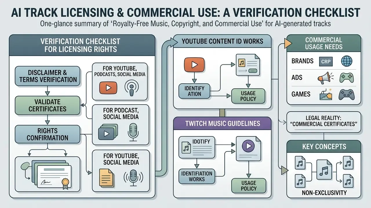 Checklist infographic detailing verification steps for AI music licensing and commercial usage rights