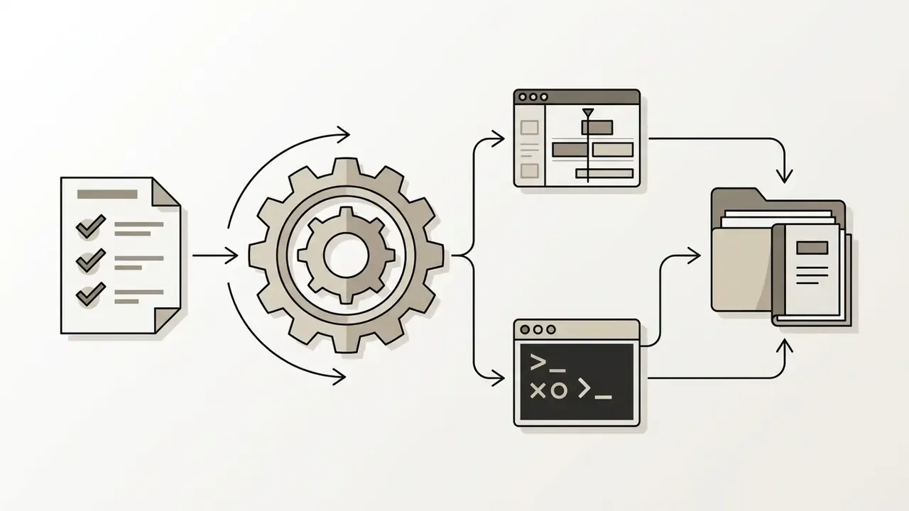 Checklist passing through a gear into either a video editor or command line interface for file output