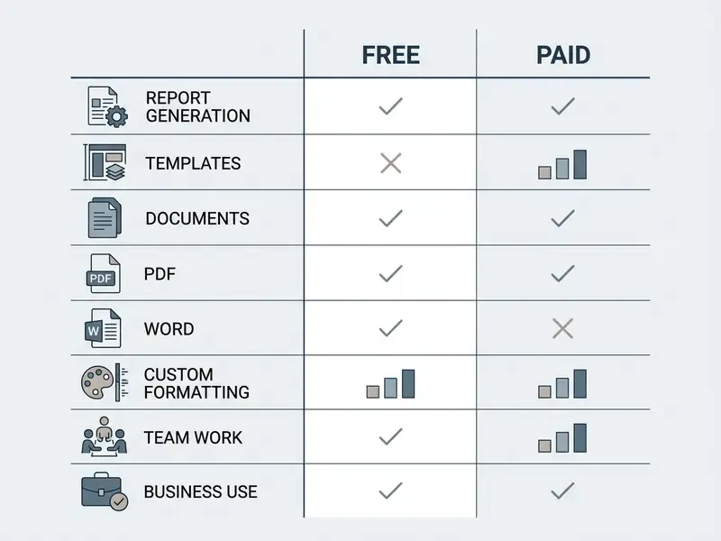 Grid comparing free and paid software features including report generation, templates, and file formats