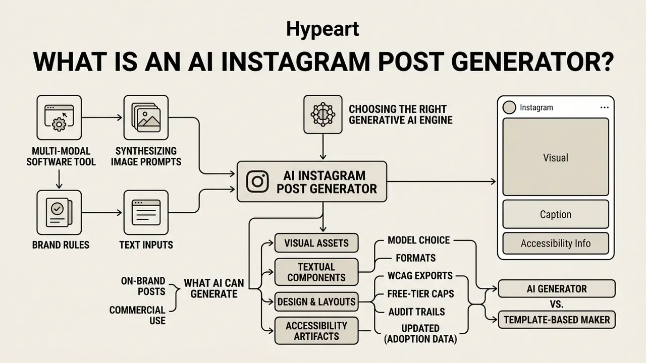 Flowchart illustrating how an AI Instagram post generator synthesizes inputs into social media content