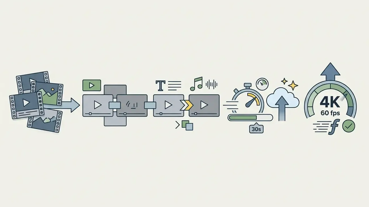 Sequence of icons showing video clips being edited with text and music before exporting at 4K 60 fps