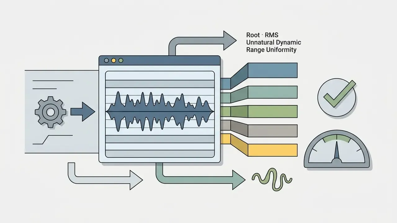 Audio waveform analysis showing uniform dynamic range levels with checkmark and gauge icons