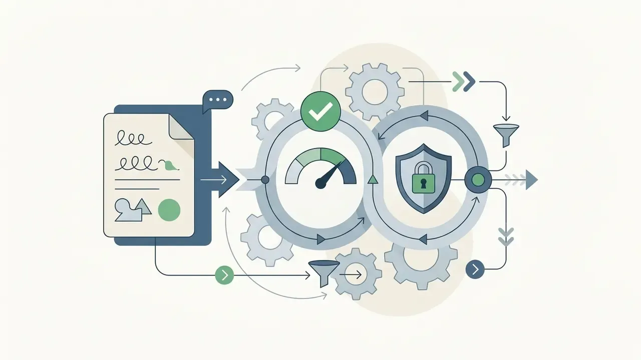 Academic document feeding into a gear processor with a gauge and a shield icon for privacy assessment