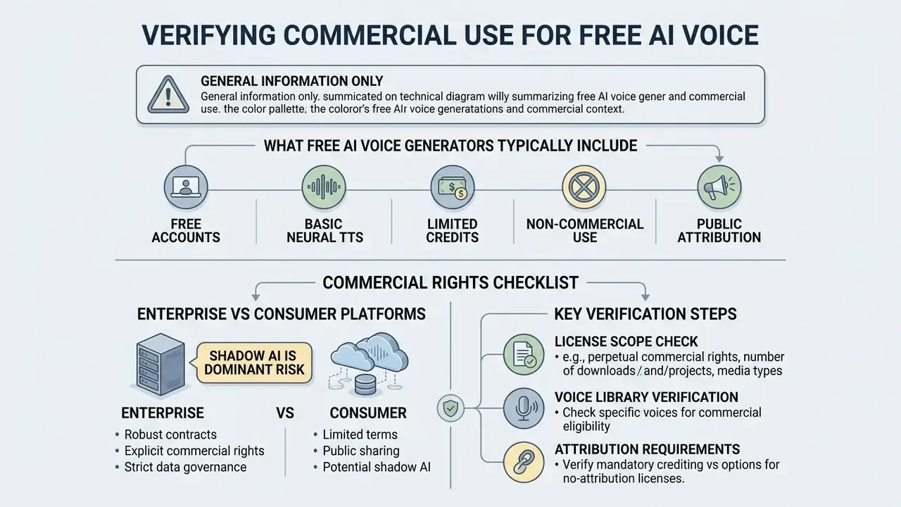 Summary of features, risk factors, and verification steps for using synthetic speech tools commercially