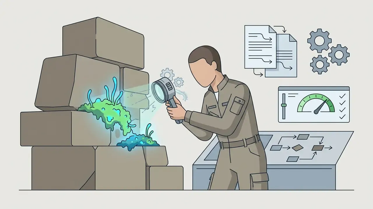 Person in uniform examining glowing blue moss on an old stone wall with a magnifying glass