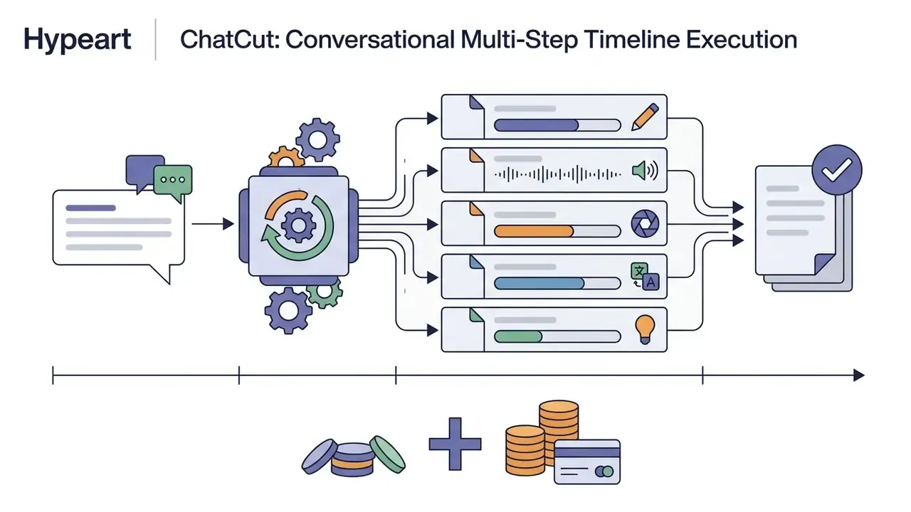 Chat interface triggering a multi-step AI video editing process with usage credits and payment icons