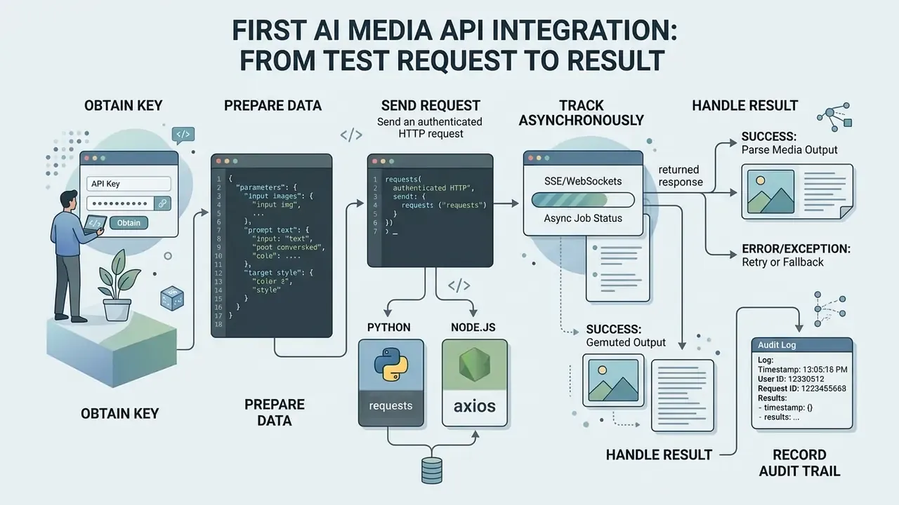 Sequential workflow diagram showing the steps to integrate an AI Media API from key retrieval to output