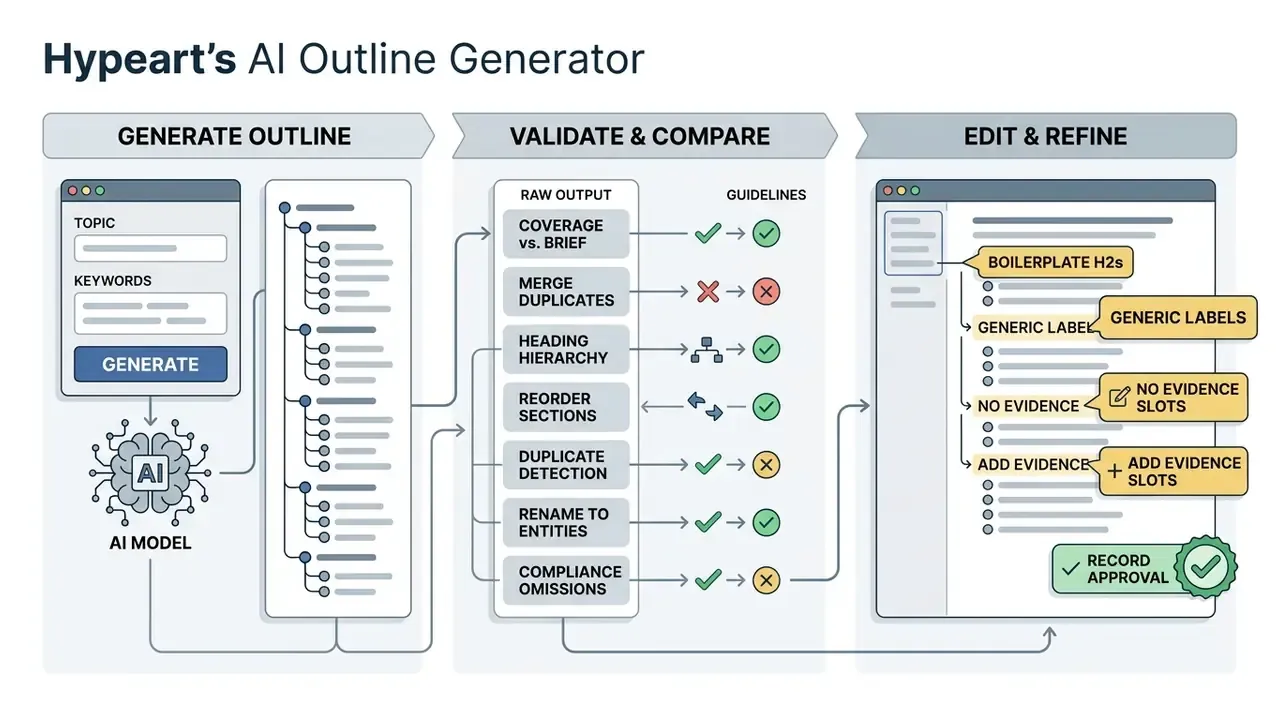 Three-stage workflow diagram showing the generation, validation, and refinement of content structures