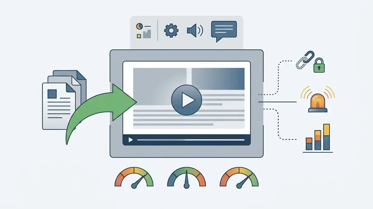 Video player interface with document input, settings icons, and output indicators for links and analytics