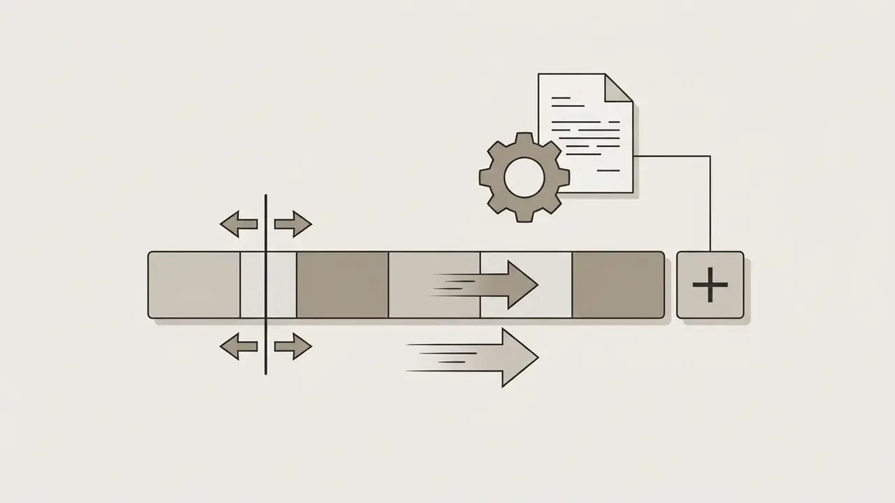 Horizontal timeline with segments, a vertical split tool, motion arrows, and a plus icon for adding scenes