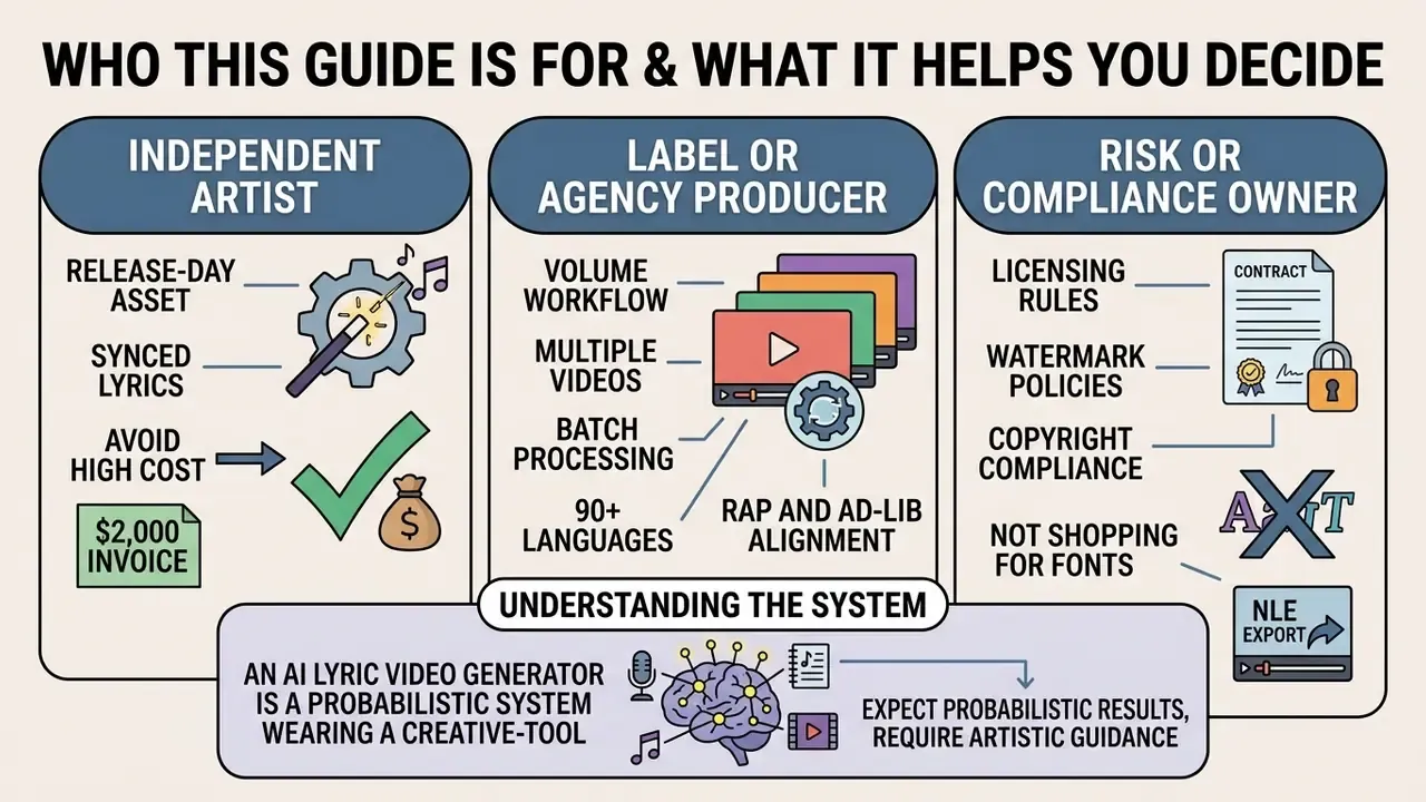 Infographic showing three user profiles for an AI lyric video generator with their specific goals and needs