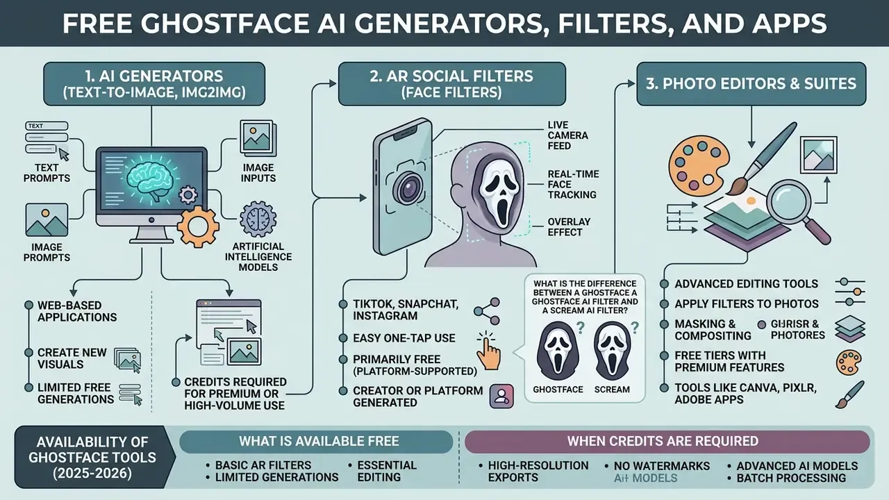 Diagram comparing AI generators, AR social filters, and photo editing suites for horror character creation