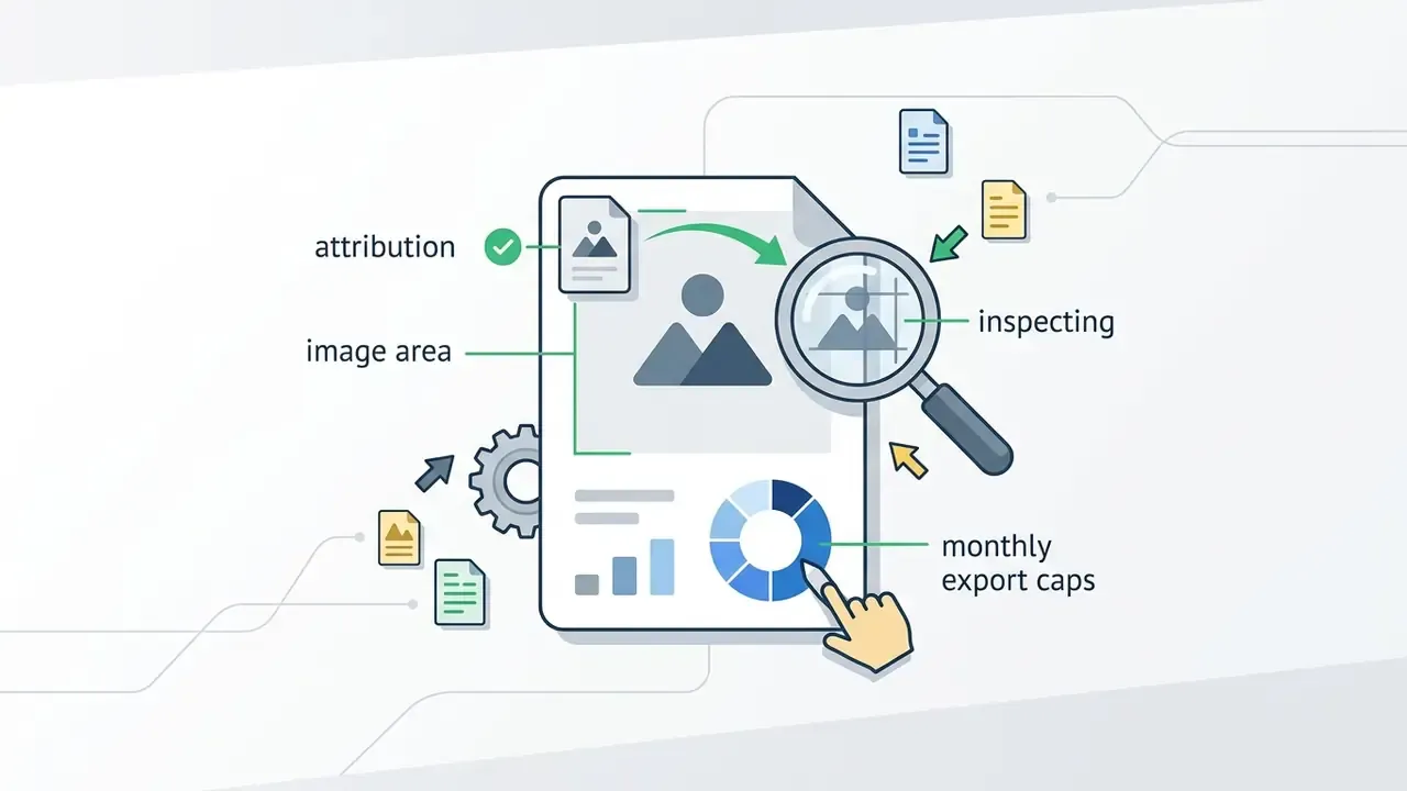 Magnifying glass inspecting image attribution and a pie chart showing monthly export caps on a document