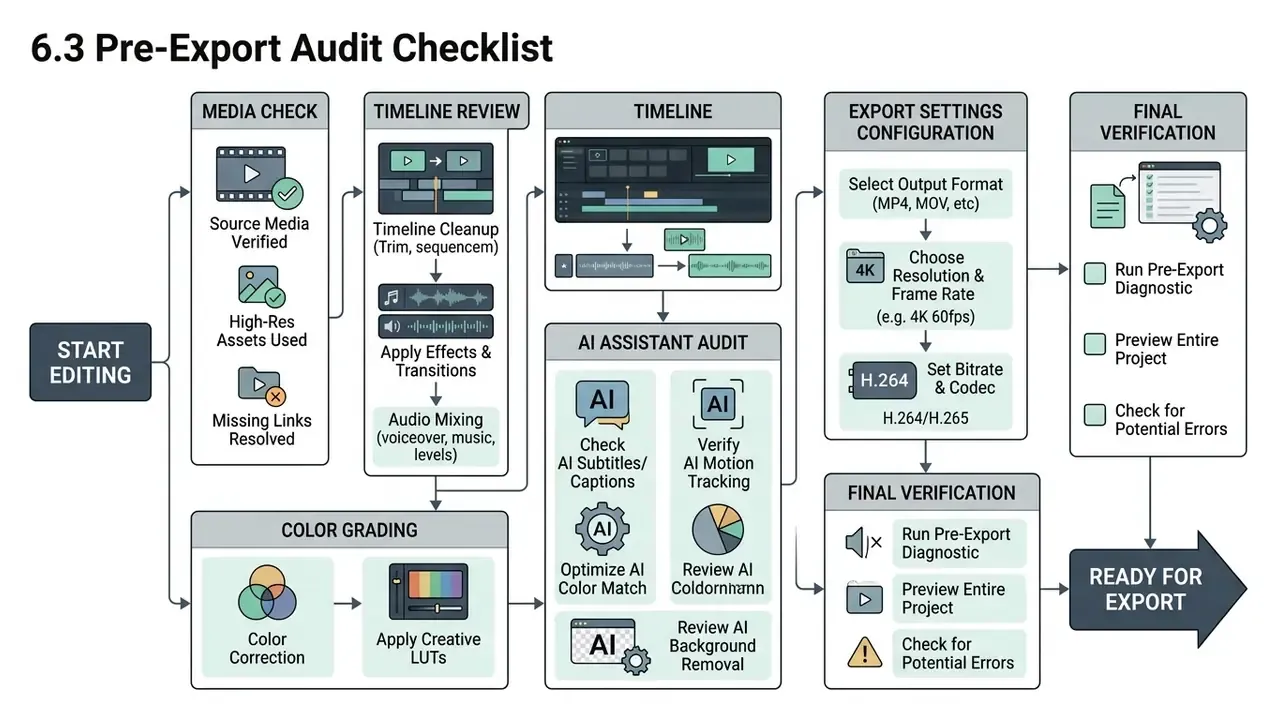 Diagram detailing the steps for media review, timeline editing, AI auditing, and final export verification
