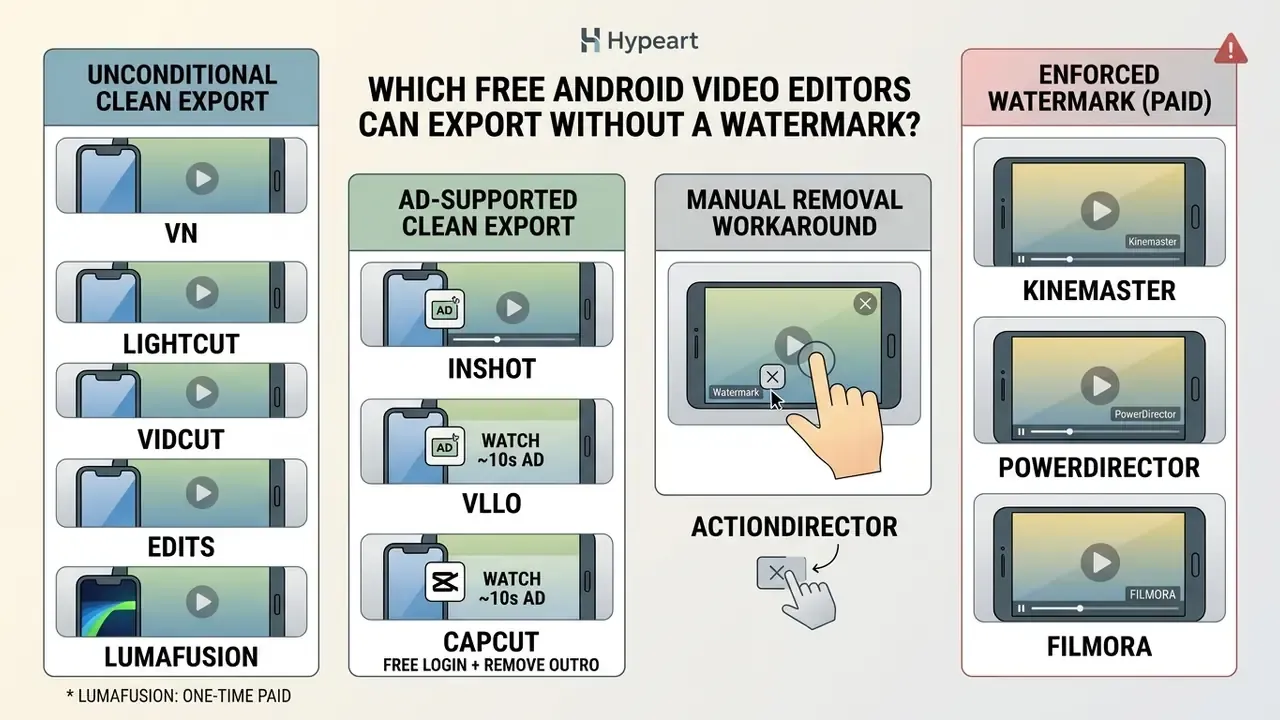 Comparison chart categorizing Android video editing apps by their watermark removal methods