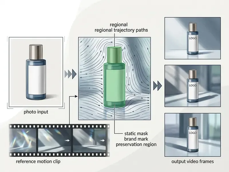 Diagram showing how regional trajectory paths and static masks preserve product logos during animation