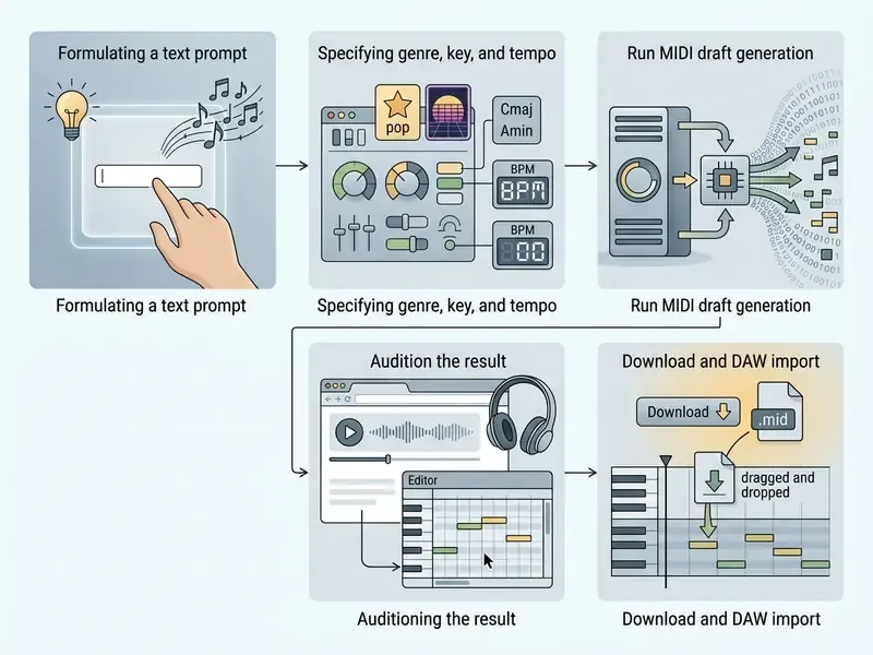 Five sequential steps for using an AI MIDI generator to create music and import it into a DAW