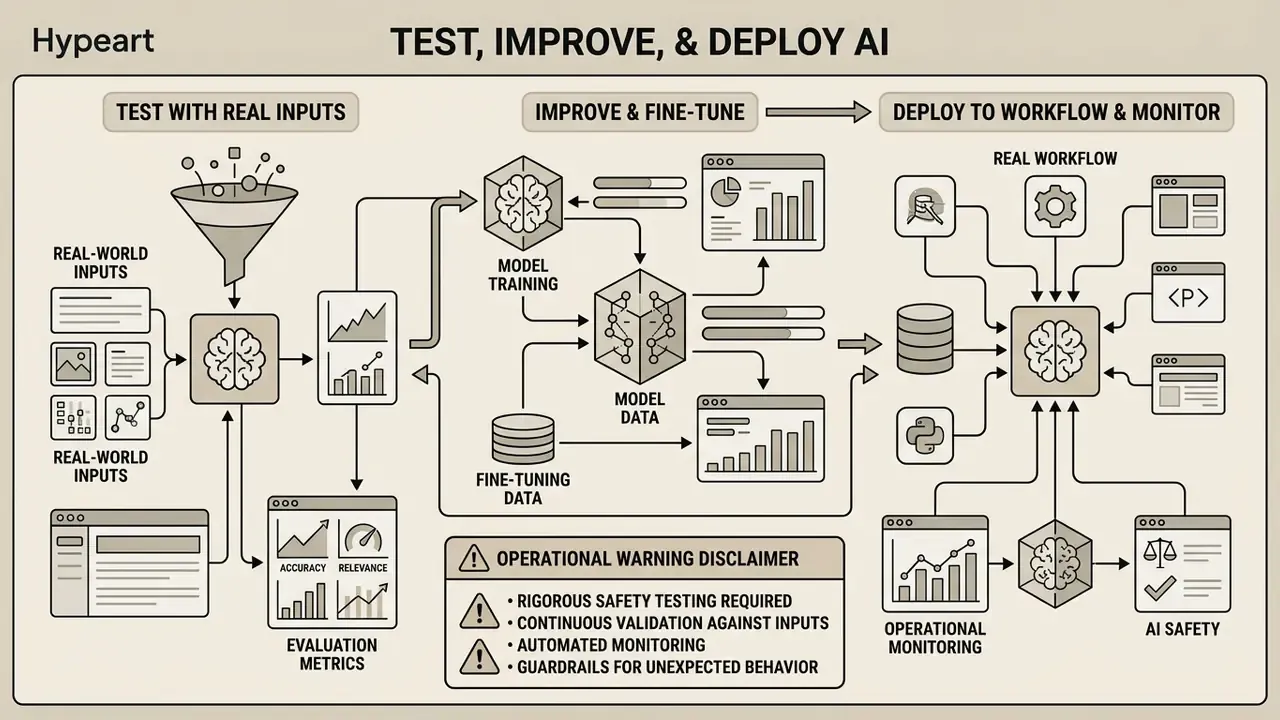 Process map showing how to create an AI through testing, iterative fine-tuning, and operational deployment