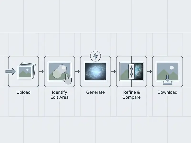 Five-step sequence showing image upload, selection, generation, side-by-side comparison, and download