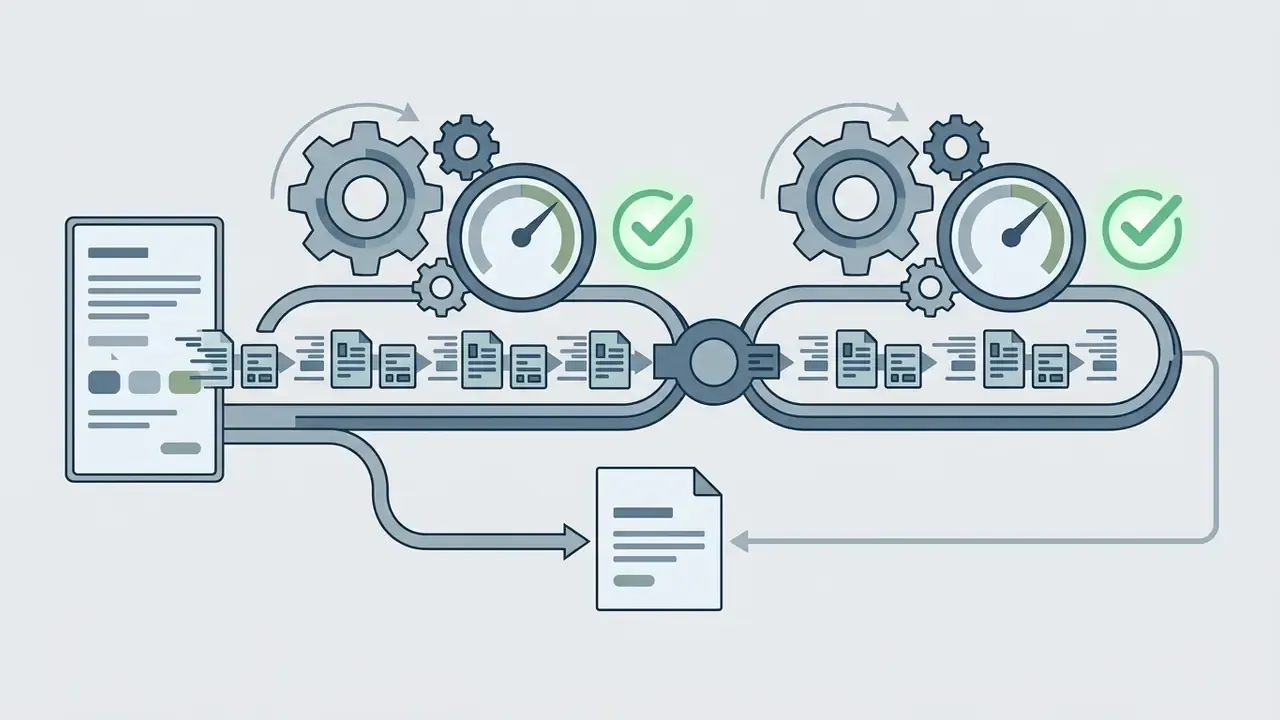 Two linked conveyor belts with gears and gauges processing data documents for an AI song generator