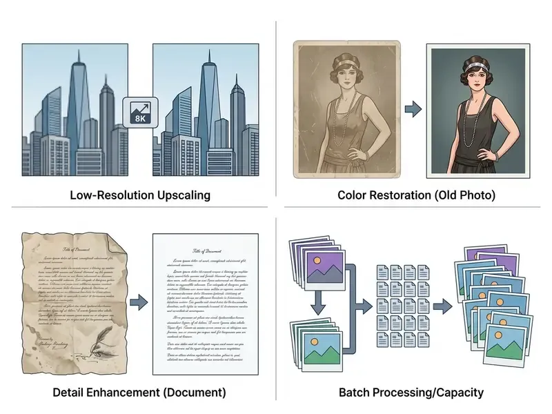 Grid of four panels showing city upscaling, colorizing vintage portraits, document cleanup, and batch tasks
