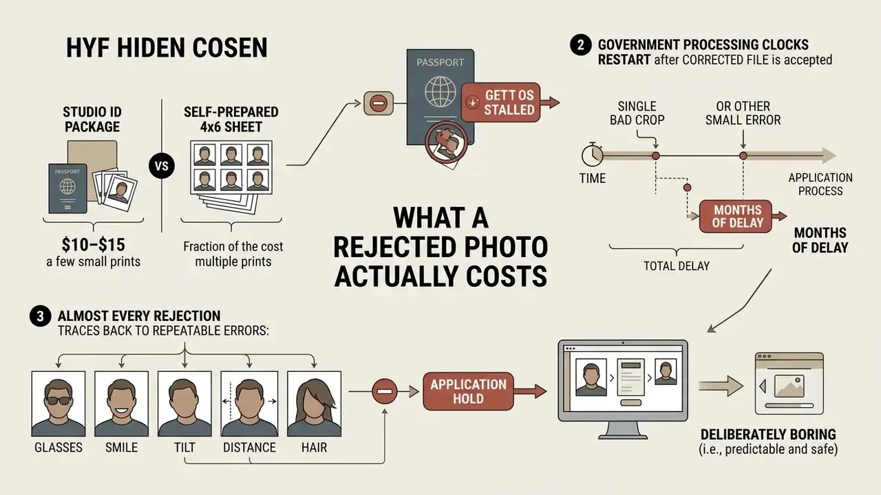 Infographic comparing passport photo costs and showing how application errors cause processing delays