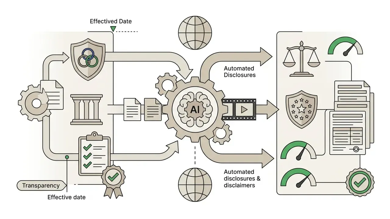 Central AI gear processing legal documents into regional compliance disclosures and regulatory reports
