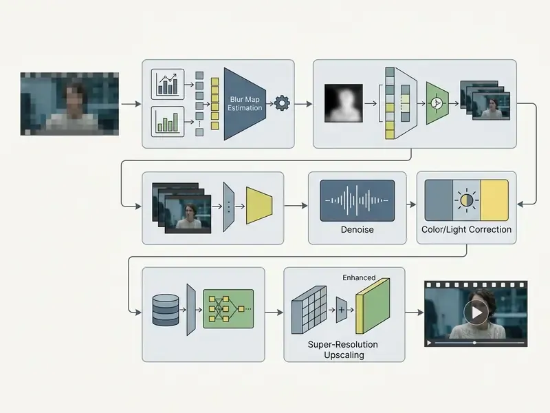 Flowchart displaying the sequential AI pipeline for video processing from blur estimation to final upscaling