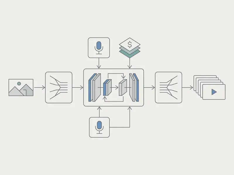 Technical flowchart illustrating the convert image to video AI pipeline from encoding to final output