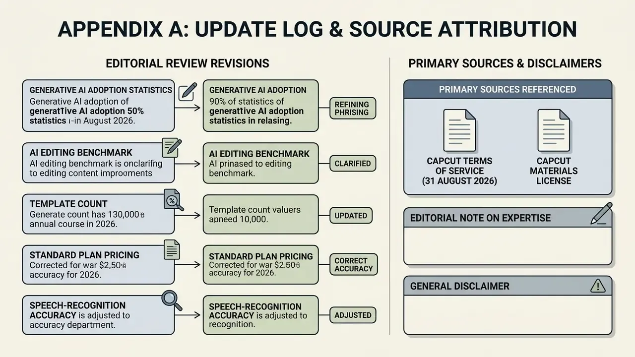 List of editorial revisions for CapCut video editor data alongside primary source and disclaimer references