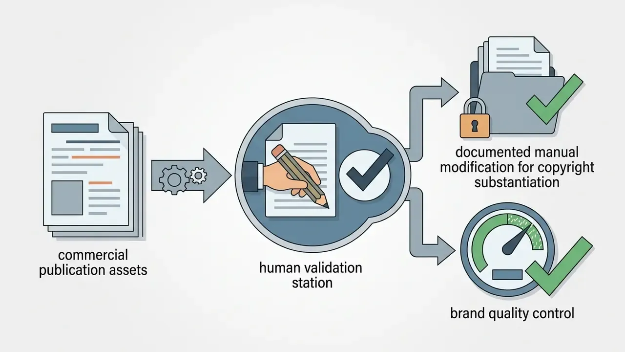 Commercial assets passing through a human validation station for copyright and quality control checks