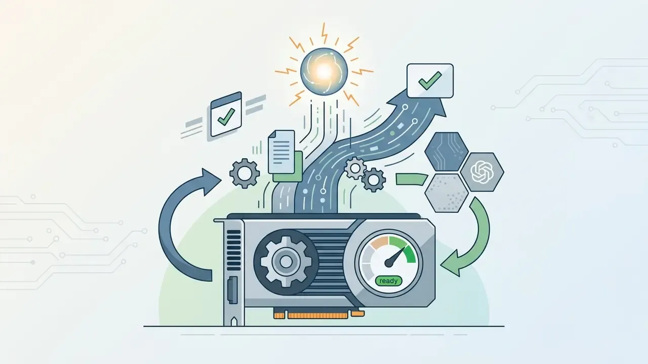 Graphics card with a gear and gauge icon powering data streams toward a glowing core and model hexagons