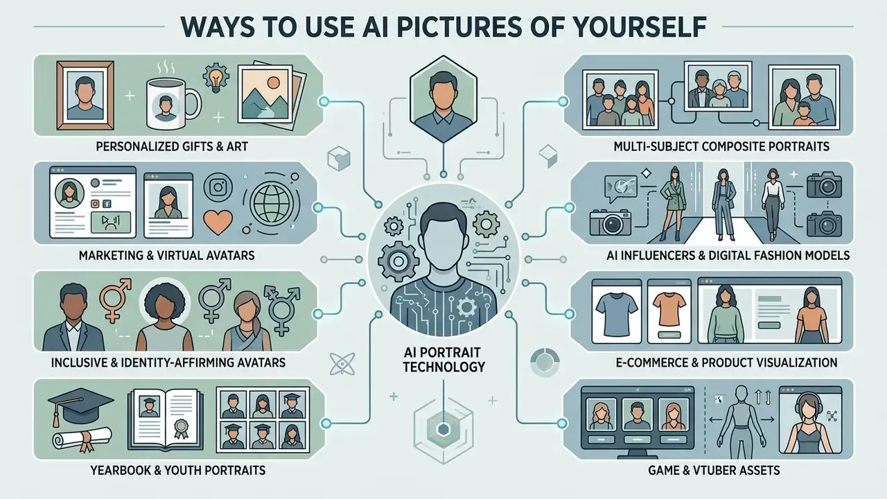 Central AI portrait technology hub connected to eight diverse use cases for AI images of yourself