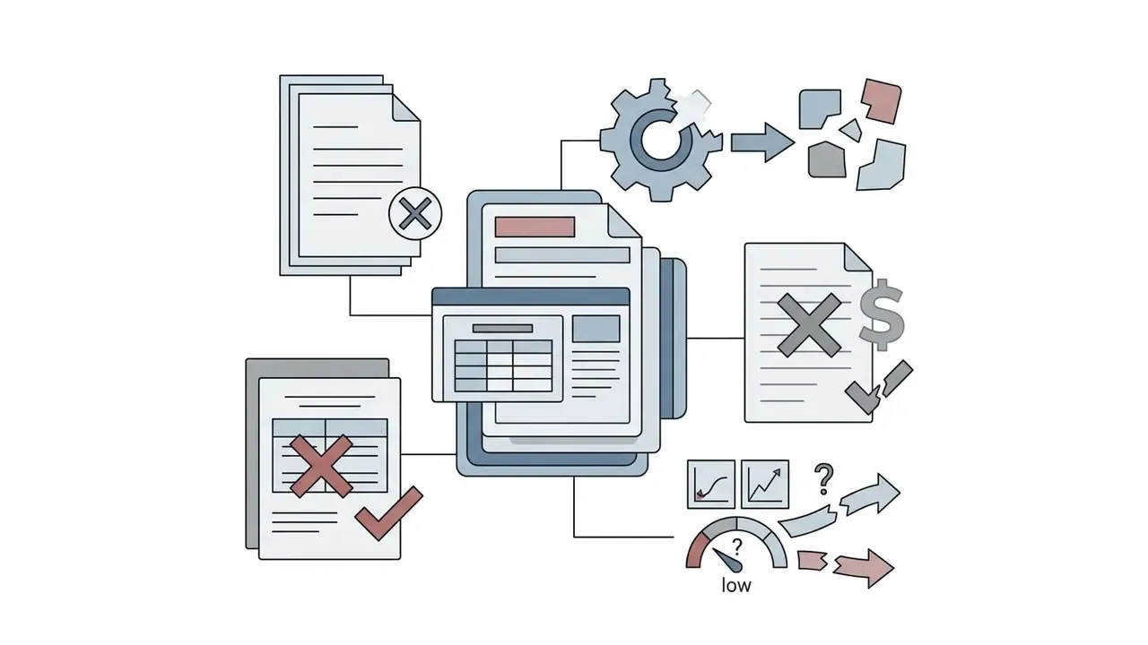 Central files connected to gear mechanisms, cross marks on documents, and a low performance gauge