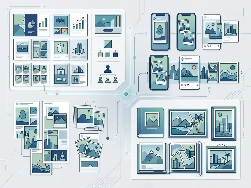 Collection of business documents, social media feeds, and printed photo albums connected by digital lines
