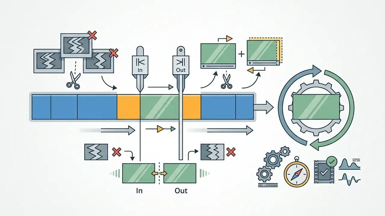Timeline showing video trimming with In and Out markers to isolate and repeat a continuous segment