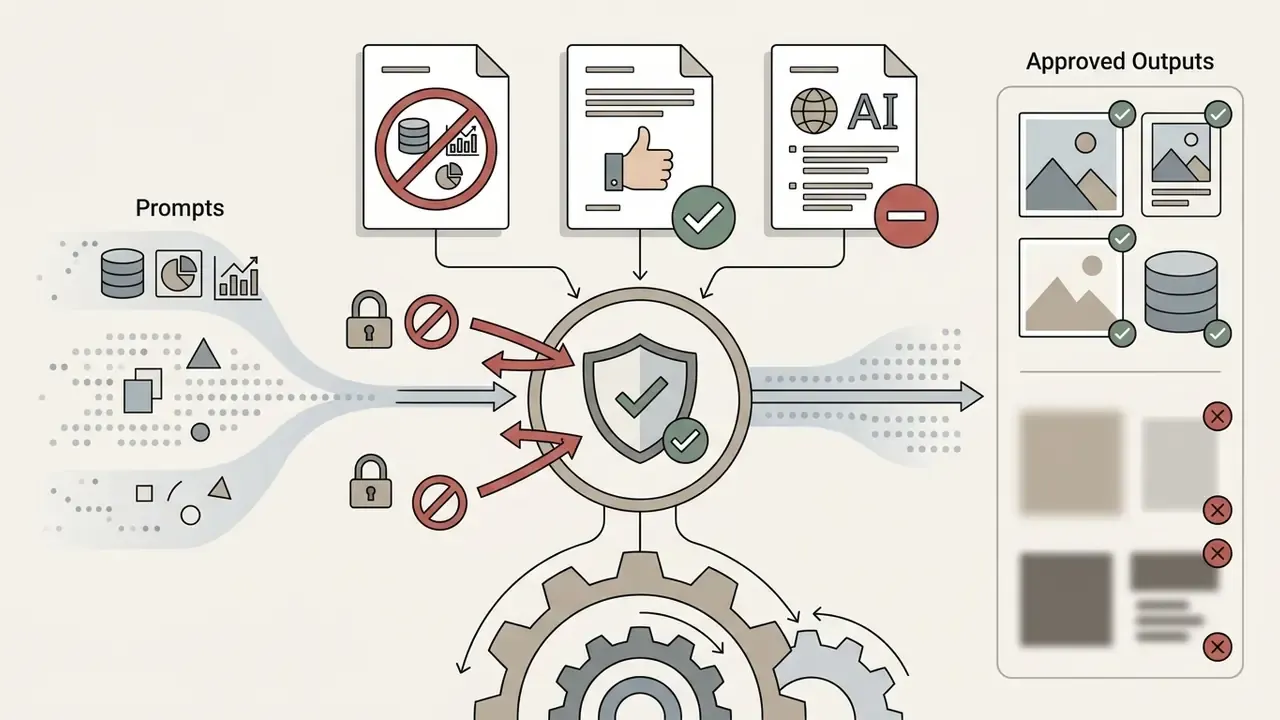 Central security hub filtering Leonardo AI prompts against policy documents to produce approved outputs