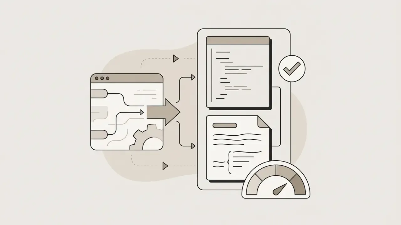 System processing inputs into code blocks and explanatory text with a checkmark and gauge