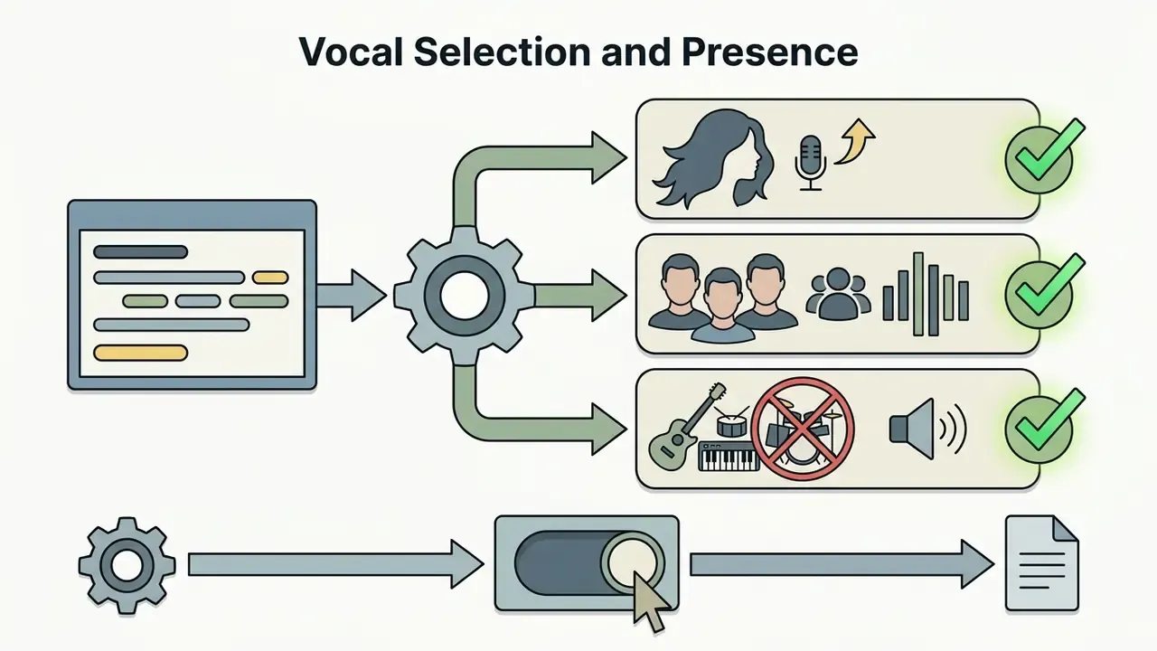 Icons showing vocal options for an AI song creator including solo female, group choir, and instrumental